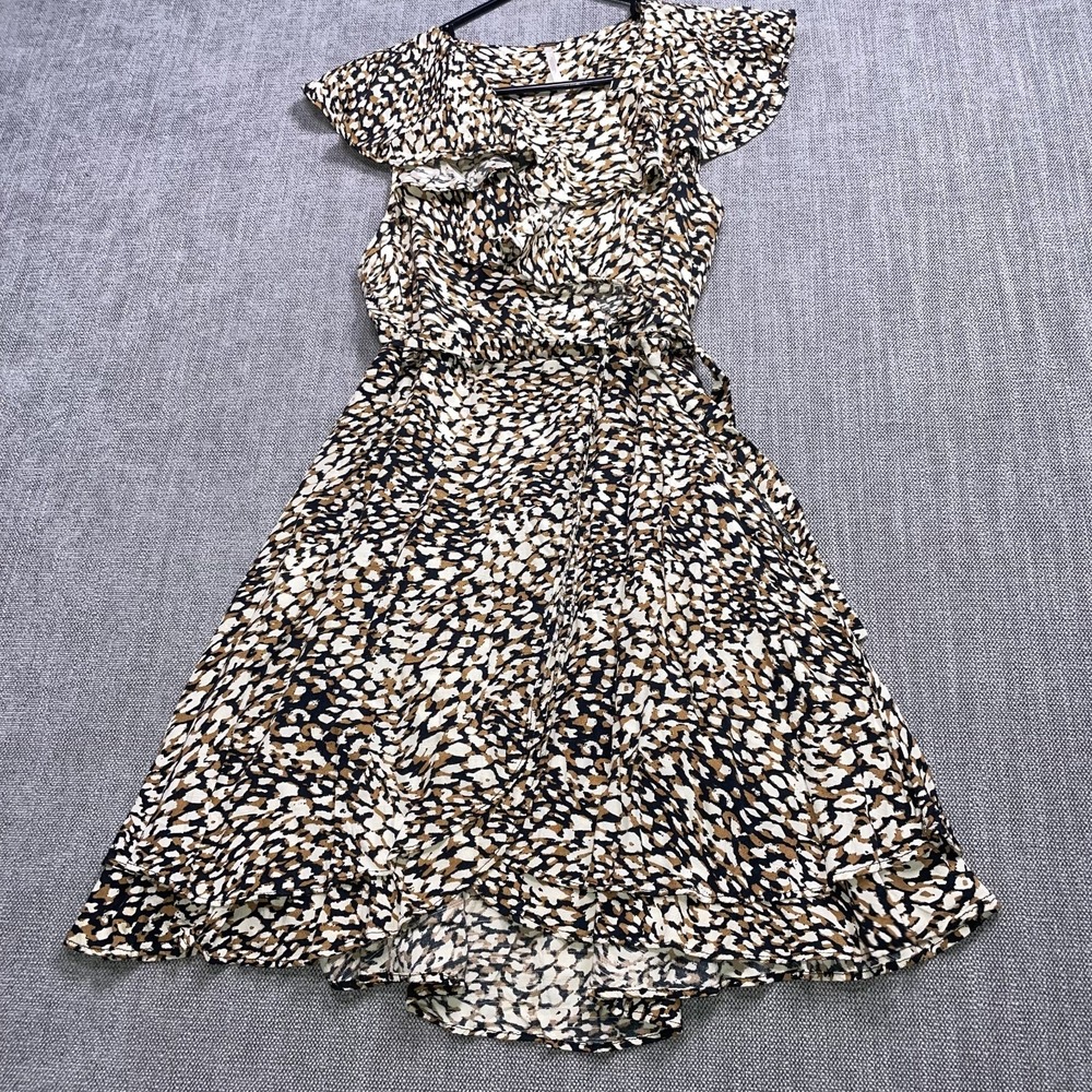 Free People Ruffle Wrap Dress Womens XS Brown Black Animal Print Belted V Neck